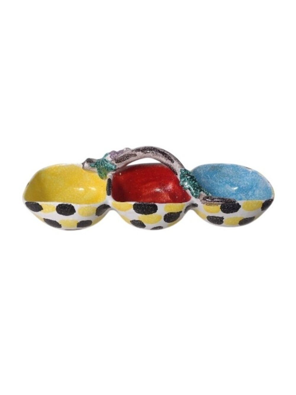 Italian Art Pottery Divided Condiment Dish Vtg Whimsical Colorful Painted Artsy